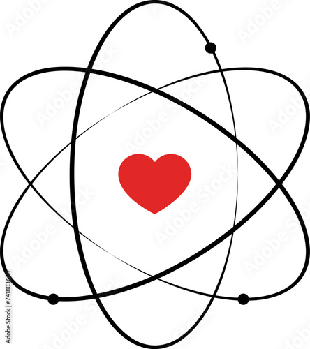 Heart shape atom. Electrons circling around heart. Isolated. Symbol of human emotions research. Well being study. Medical care science.