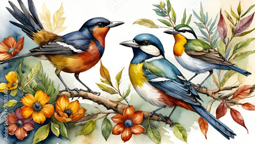 Birds sitting on tree branches with spring flowers in orange, green and blue vintage tone colors, painting style,white background.Beauty in nature concept for design.Generative AI © svf74