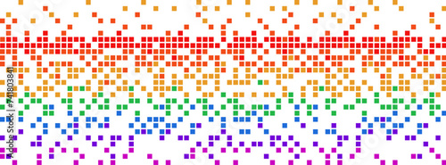 Rainbow pixel art seamless divider place in the middle. Falling apart mosaic pieces. Abstract. Bright colored horizontal pixel gradient.