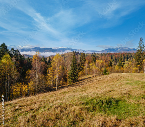 Late autumn mountain morning scene with snow covered tops in far and foggy clouds in valleys. Picturesque traveling  seasonal  nature and countryside beauty concept scene. Carpathians  Ukraine.