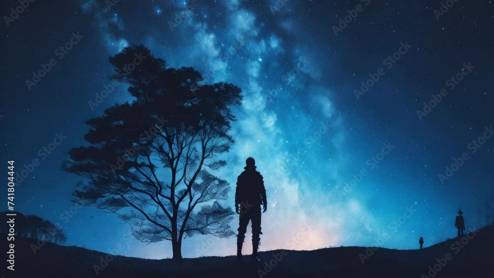 silhouette shadow of a boy sitting under starfield starry night sky at grass hill, whimsical fantasy fairytale contemporary creative illustration silhouette shadow of a boy sitting under starfield starry night sky at grass hill, whimsical fantasy fairytale contemporary creative illustration