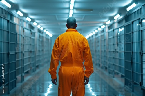 Prisoner in orange uniform facing away, standing in the center of a modern prison corridor with cells on either side © Irina Kozel