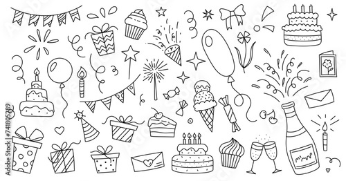Birthday doodle elements. Set of hand drawn gift, birthday cake, balloons isolated on white background. Festive doodle illustrations drawn by hand