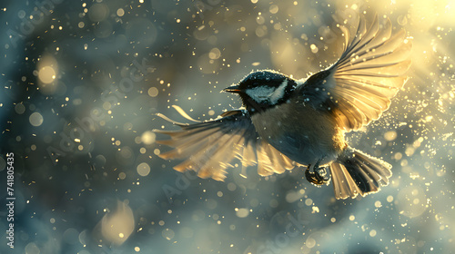 Portrait of chickadee like a dancer on stage under the floodlights ,
Bird flapping its wings in pond of water
 photo
