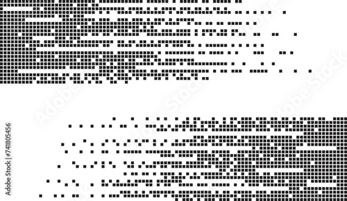 Abstract monochrome pixelated background. Pixel art horizontal lines from up and down. Copy space in the middle. Scattered loose data. Technology and cyber security check backdrop.