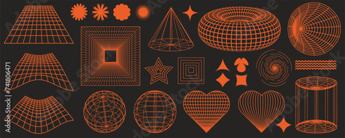 Rave psychedelic retro futuristic set. Surreal geometric shapes, abstract backgrounds and patterns, wireframe, cyberpunk elements and perspective grids. Vector elements and signs in trendy psychedelic