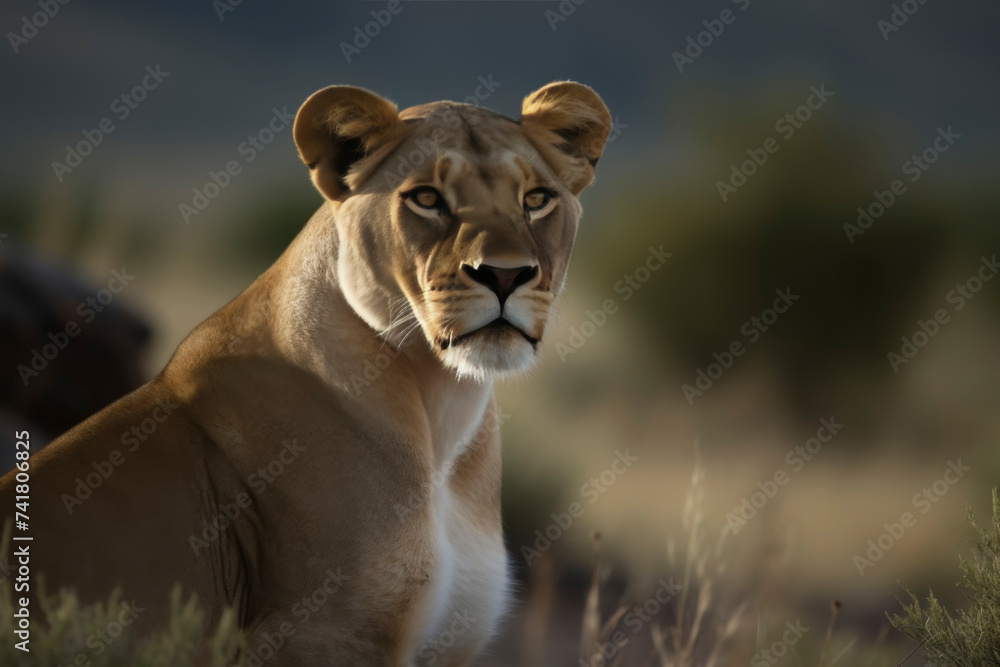 Obraz premium African Lioness Surveying the Savannah at Sunset