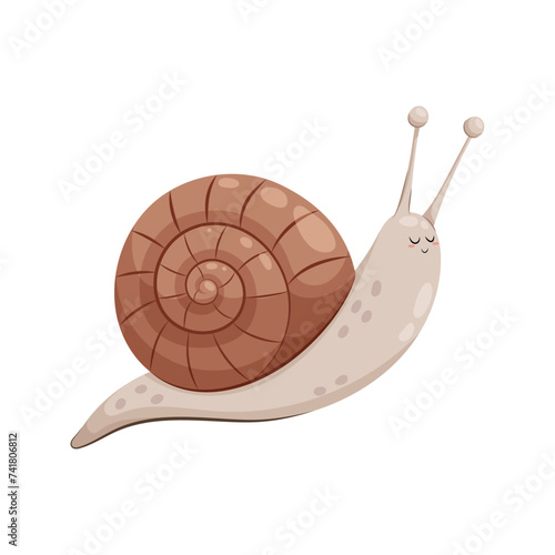 Snail. Vector illustration of a cute garden snail on a white background. Cartoon snail character in flat style.