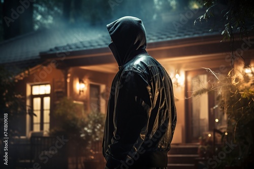 hooded criminal bypassing the alarm system of a house to rob photo
