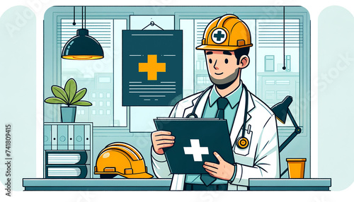 A cartoon illustration of a medical professional in a hard hat holding a clipboard, symbolizing workplace health and safety, in an office environment.AI generated. © Czintos Ödön