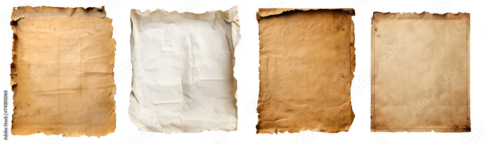Collection set of vintage aged paper scroll parchment, old texture torn burnt crumple rip edges on transparent background cutout, PNG file. Many different design. Mockup template artwork graphic
