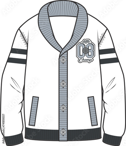 Kids Sweater and Cardigan Technical Drawing: Apparel Template for Knitted Garments. Vector Flat Sketch of Cardigans and Sweaters with Knitting Details.