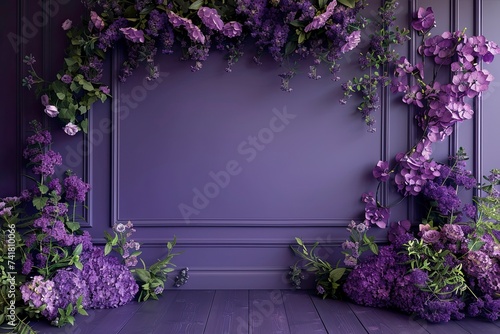 Purple wall with floral frame of purple flowers. Backdrop, background with space for text