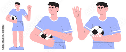 Vector illustration of boy in professional uniform playing football or soccer. Creative kid soccer, football club, game or friendly match illustration. Teenage or children soccer club or competition.