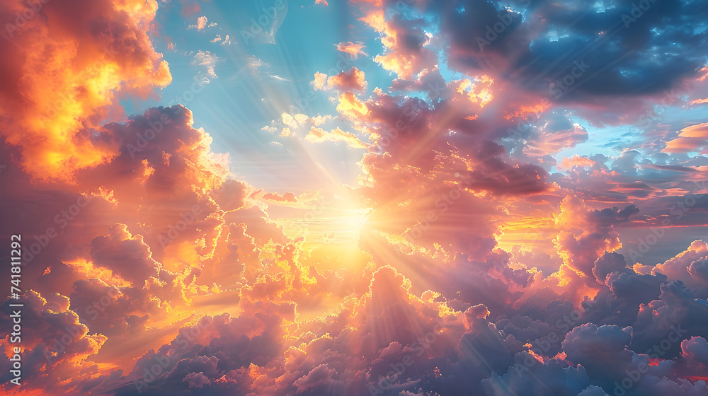 fire in the sky 3D image,  
Blue sun rises from behind the clouds in the early morning vivid stage backdrops 