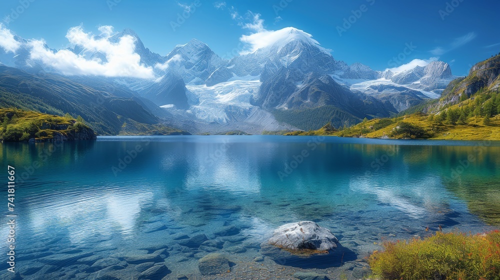 Turquoise Glacial Lake: A stunning glacial lake with crystal-clear turquoise water surrounded by snow-capped peaks, capturing the pristine beauty of nature. 