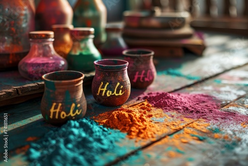 Vibrant Holi festival powders in pots with 'Holi' text, symbolizing joy and tradition