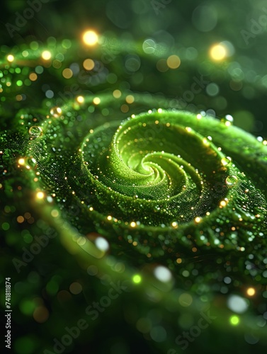 Close-up of a green spiral leaf with glistening dewdrops, giving a magical, macro world feel