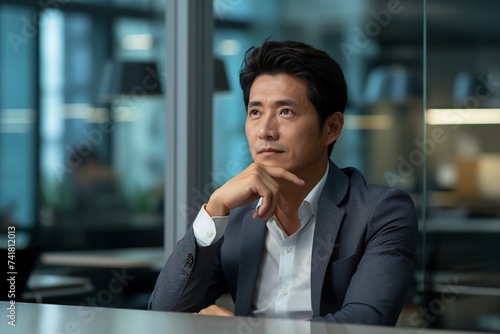 very thoughtful asian businessman sitting in his office looking at his computer