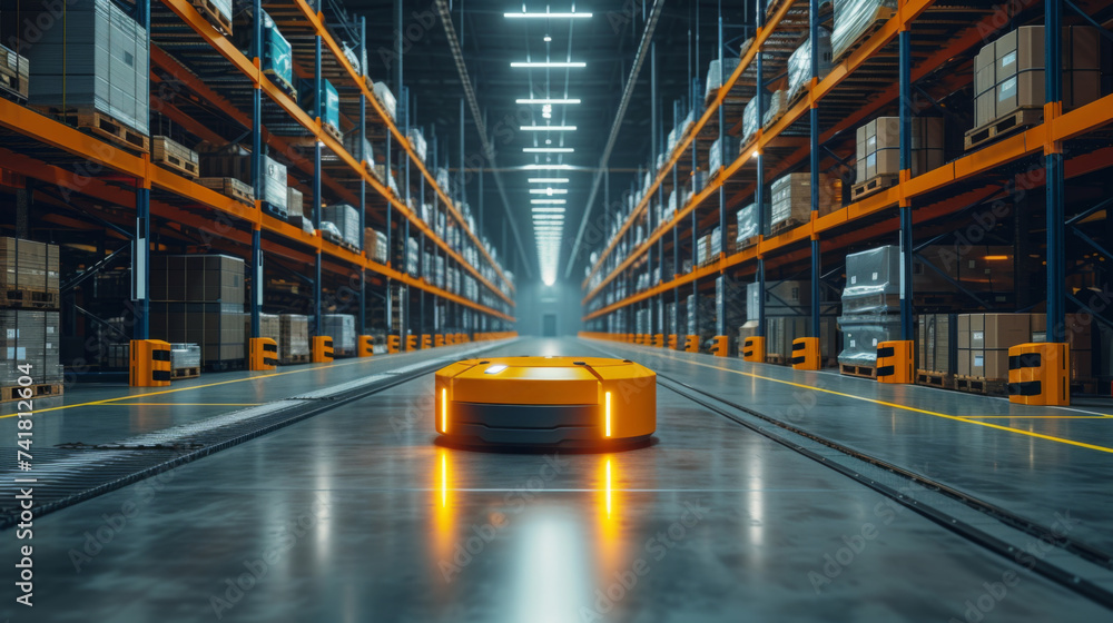 Autonomous robots efficiently navigating a vast warehouse space with precision, underlining the role of robotics and automation in modern logistics