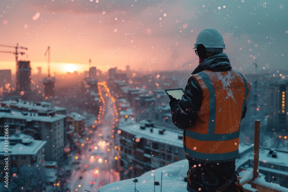A construction worker surveys a snow lit city as snow falls at dusk - obrazy, fototapety, plakaty 