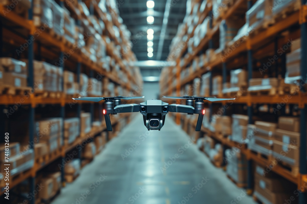 A drone flying over aisles in a warehouse, scanning barcodes for inventory management, showcasing the integration of technology in modern logistics - obrazy, fototapety, plakaty 