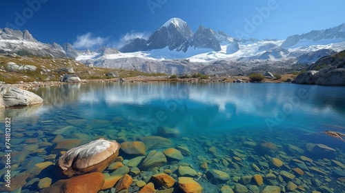 Turquoise Glacial Lake: A stunning glacial lake with crystal-clear turquoise water surrounded by snow-capped peaks, capturing the pristine beauty of nature. 