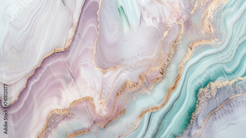 Abstract marble slab background with lavender and turquoise gradients with gold wavy border