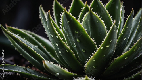Aloe vera plant with soft detailed texture Natural abstract delicate shapes and fluid lines Highlighted focused leaf edges against blurred background Vibrant green hues