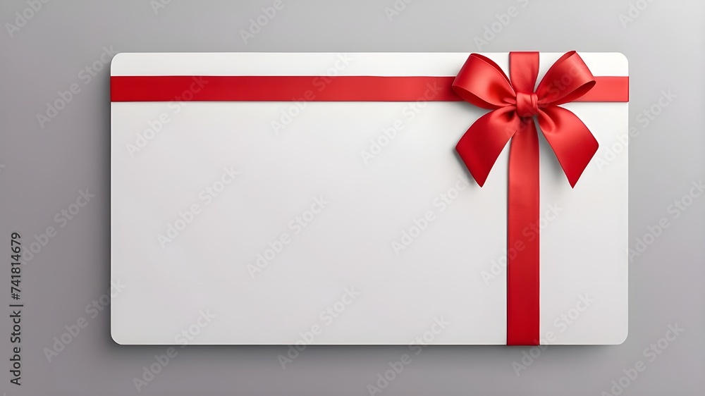 Simple conceptual minimalist white gift card with red ribbon bow, isolated on a grey background with shadows Simple conceptual minimalist white gift card with red ribbon bow, isolated on a grey background with shadows
