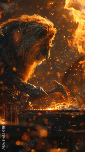 Forging destinies a blacksmith and a lion craft magical armor in a fiery forge sunset with enchanted hammer in High Fantasy style golden ember Mythic Forge sparks of creation a powerful duo in photo