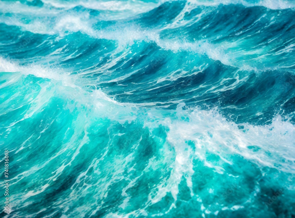 Fototapeta premium Beautiful photo of blue water flowing in waves with white foam in a ocean. Wallpaper background.