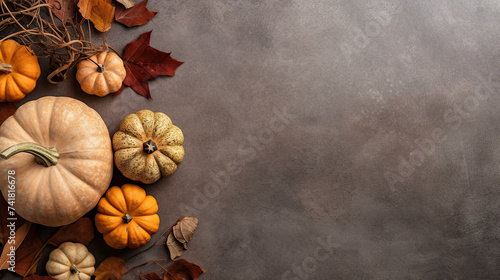 A group of pumpkins with dried autumn leaves and twig, on a brown color stone