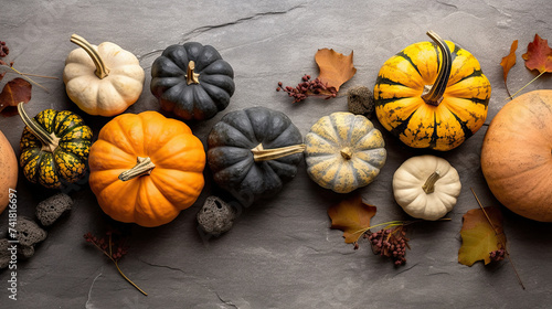 A group of pumpkins with dried autumn leaves and twig, on a gray color stone