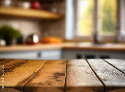 Wooden table on blurred kitchen bench background. Empty wooden table and blurred kitchen background.