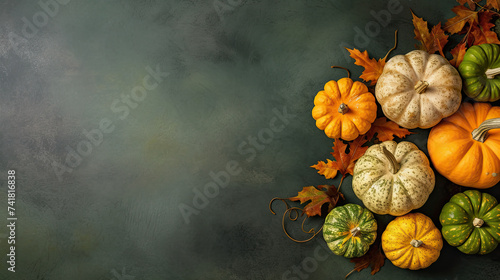 A group of pumpkins with dried autumn leaves and twig, on a green color stone