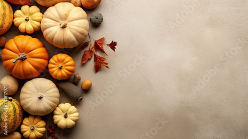 A group of pumpkins with dried autumn leaves and twig, on a tan color stone