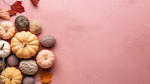 A group of pumpkins with dried autumn leaves and twig, on a pink color stone