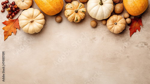 A group of pumpkins with dried autumn leaves and twig, on a beige color stone