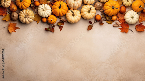 A group of pumpkins with dried autumn leaves and twig, on a beige color stone