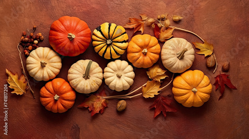 A group of pumpkins with dried autumn leaves and twig, on a scarlet color stone