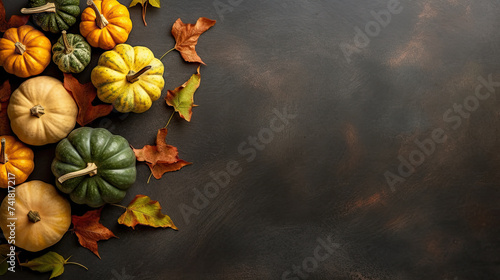A group of pumpkins with dried autumn leaves and twig  on a olive green color stone