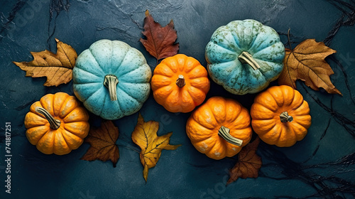 A group of pumpkins with dried autumn leaves and twig, on a aqua color stone