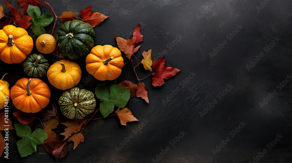 A group of pumpkins with dried autumn leaves and twig, on a dark green color stone A group of pumpkins with dried autumn leaves and twig, on a dark green color stone