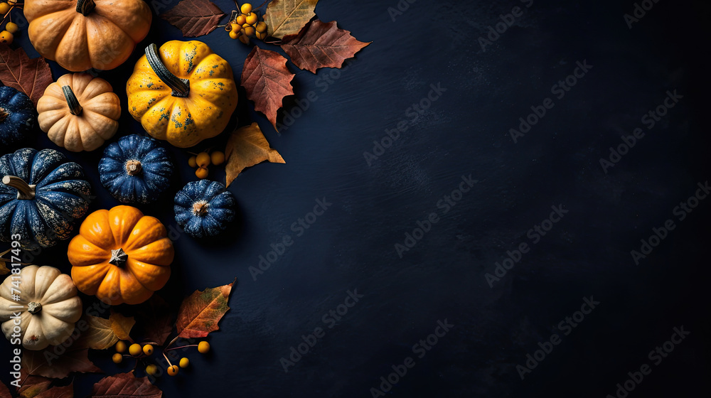 A group of pumpkins with dried autumn leaves and twig, on a dark blue color stone A group of pumpkins with dried autumn leaves and twig, on a dark blue color stone