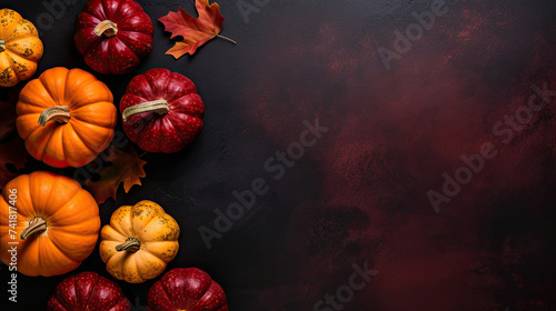 A group of pumpkins with dried autumn leaves and twig, on a dark red color stone