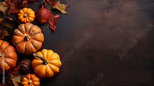 A group of pumpkins with dried autumn leaves and twig, on a dark orange color stone