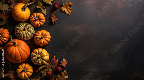 A group of pumpkins with dried autumn leaves and twig, on a dark orange color stone