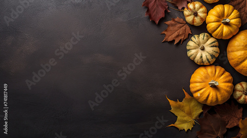 A group of pumpkins with dried autumn leaves and twig, on a dark lime color stone
