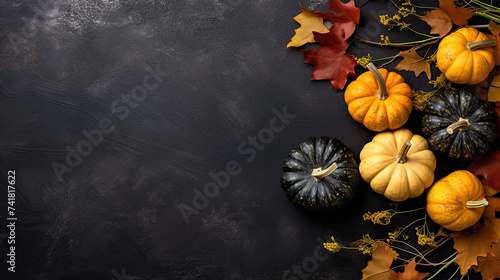 A group of pumpkins with dried autumn leaves and twig, on a light black color stone